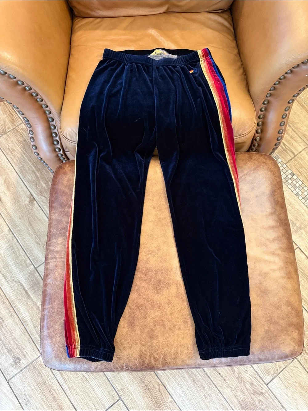 Women’s Aviator Nation Velvet 5 Stripe Jogger Sweatpants Sz Small Navy Blue